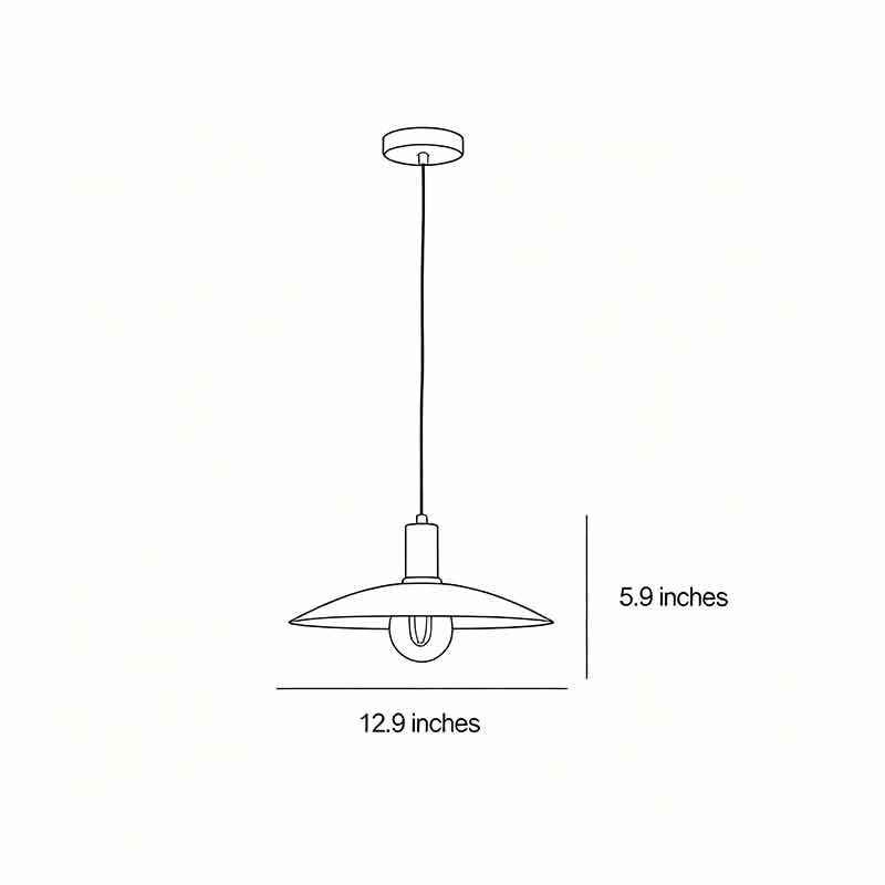 Technical drawing of vintage glass light pendant indoor spotlight lamp with size dimensions for installation.