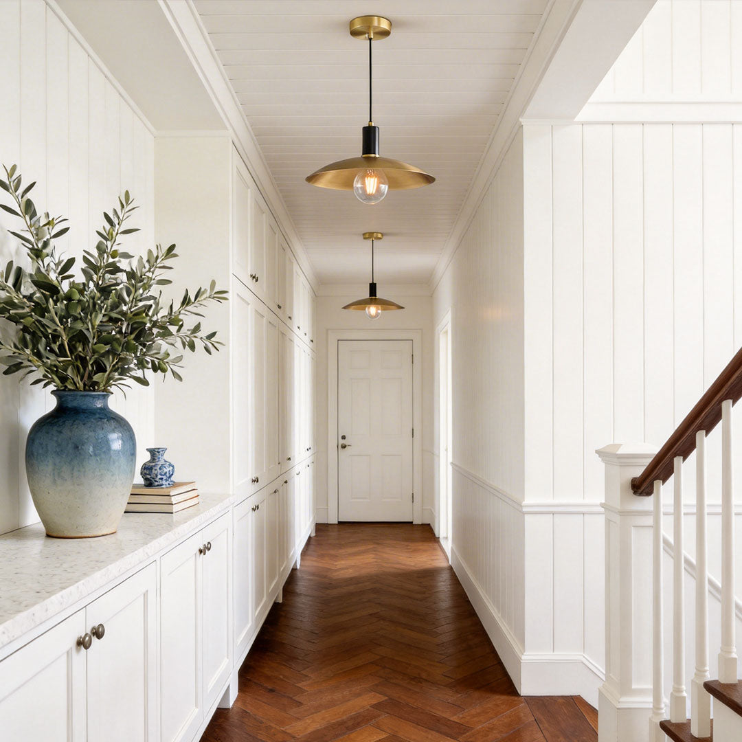 Hallway lighting with vintage glass light pendant indoor spotlight lamp adding soft warm illumination.