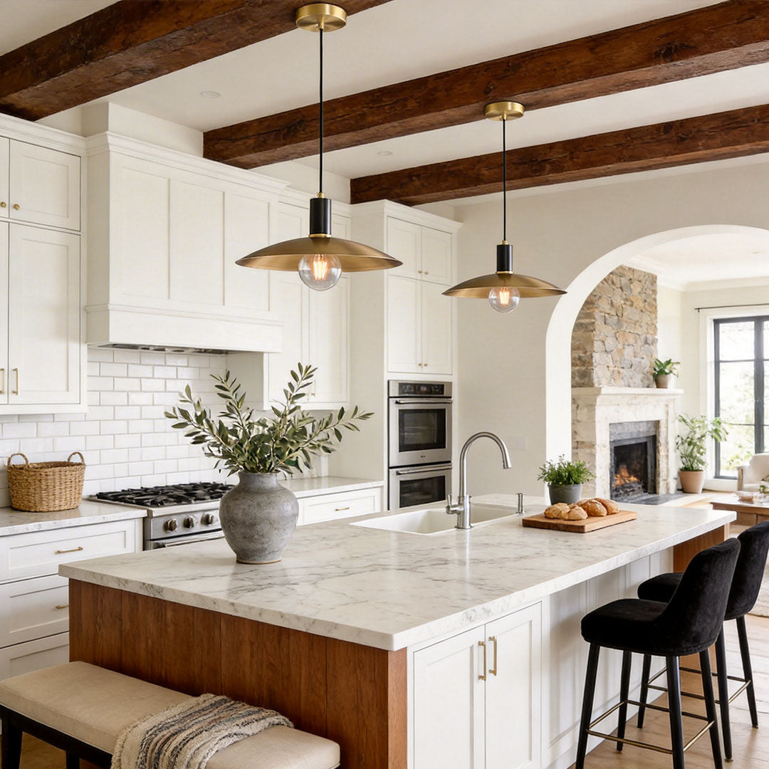 Farmhouse kitchen with vintage glass light pendant indoor spotlight lamp above island creating warm ambiance.