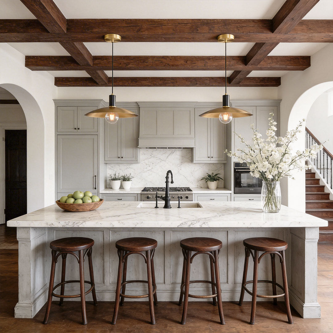 Rustic kitchen island featuring multiple vintage glass light pendant indoor spotlight lamp fixtures with warm glow.