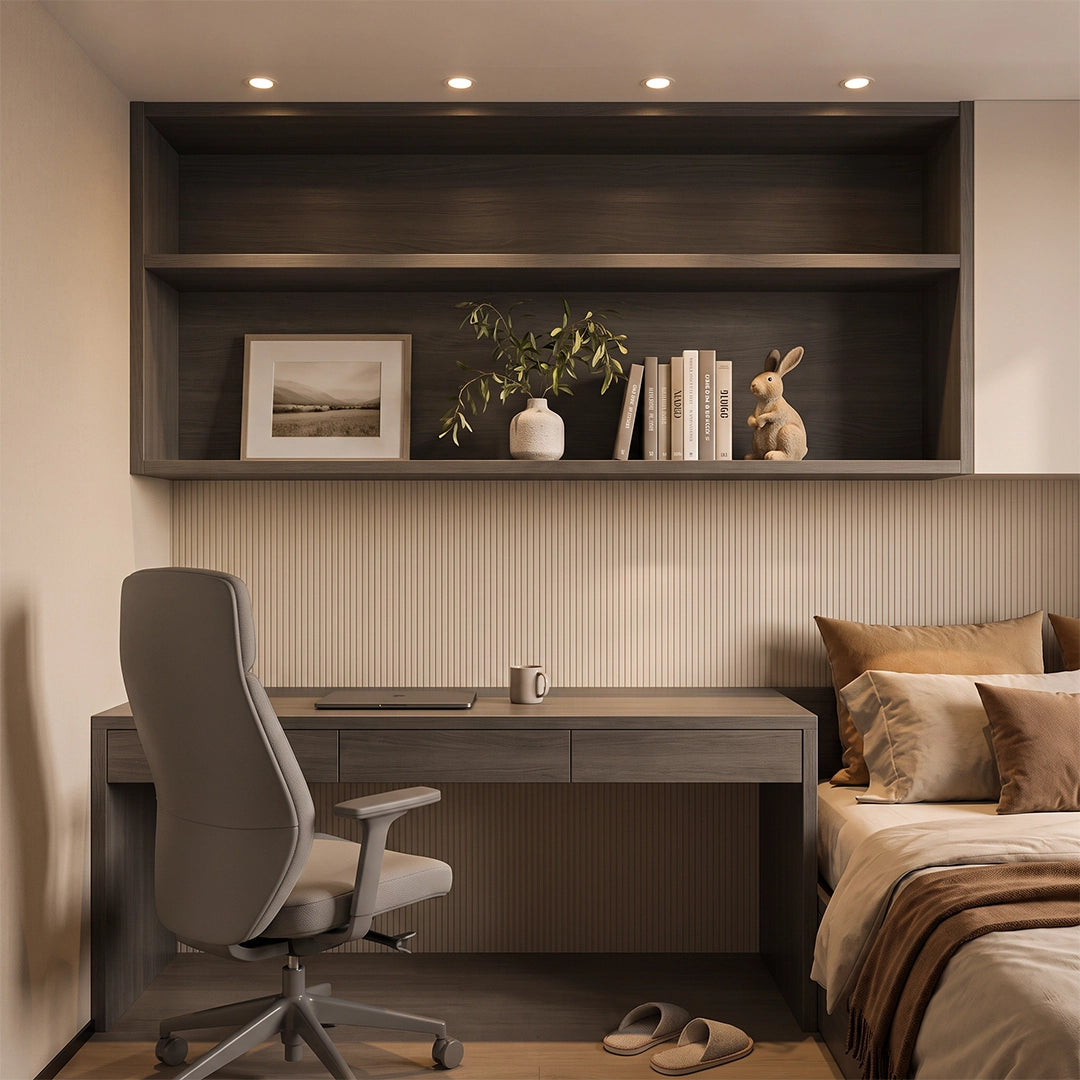 Indoor spotlights above a bedroom desk and shelving, creating focused warm task lighting.