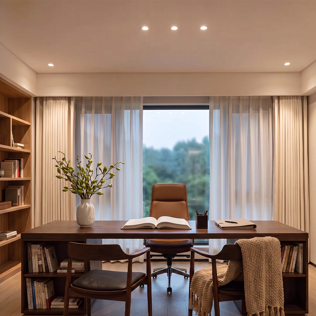 Indoor spotlights lighting a home office with a desk, bookshelves, and large curtained window.
