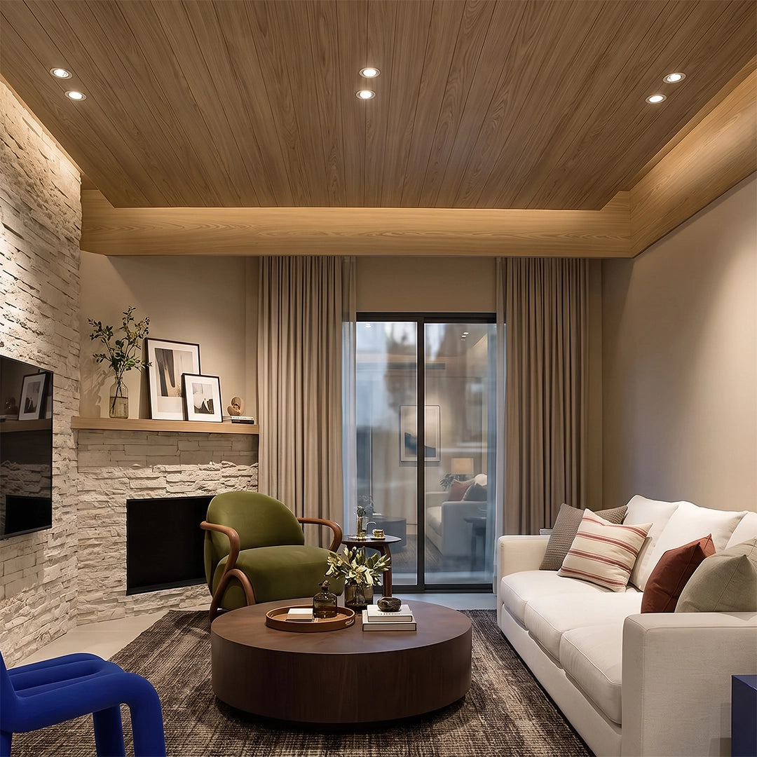 Indoor spotlights installed in a wood ceiling above a cozy living room with soft ambient lighting.