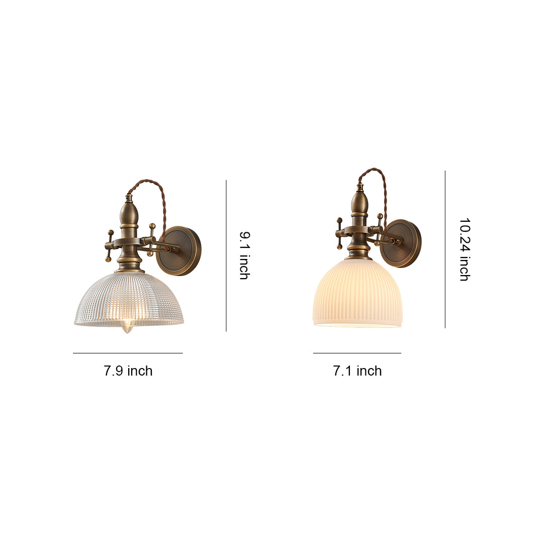 Indoor wall mount lights with glass shade chandelier inspired design showing two styles with vintage brass hardware and dome shades.