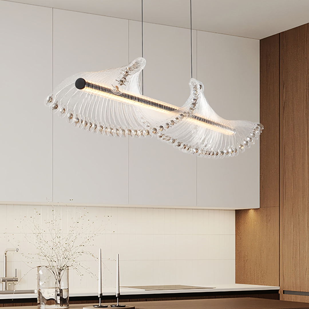 Industrial spiral chandelier featuring black linear frame with suspended crystal elements for contemporary dining spaces