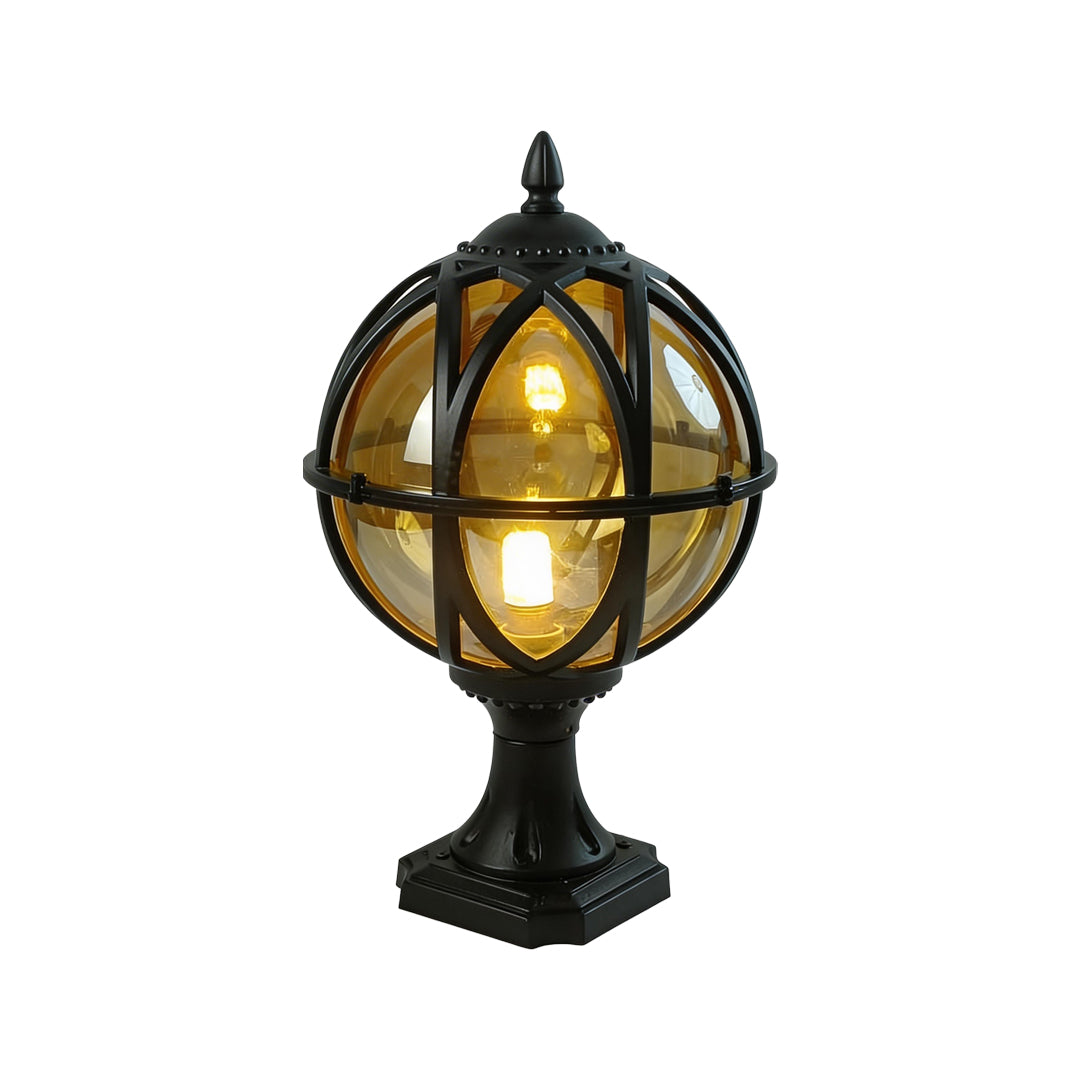 Industrial black globe pillar light fixture with birdcage frame isolated on white background.
