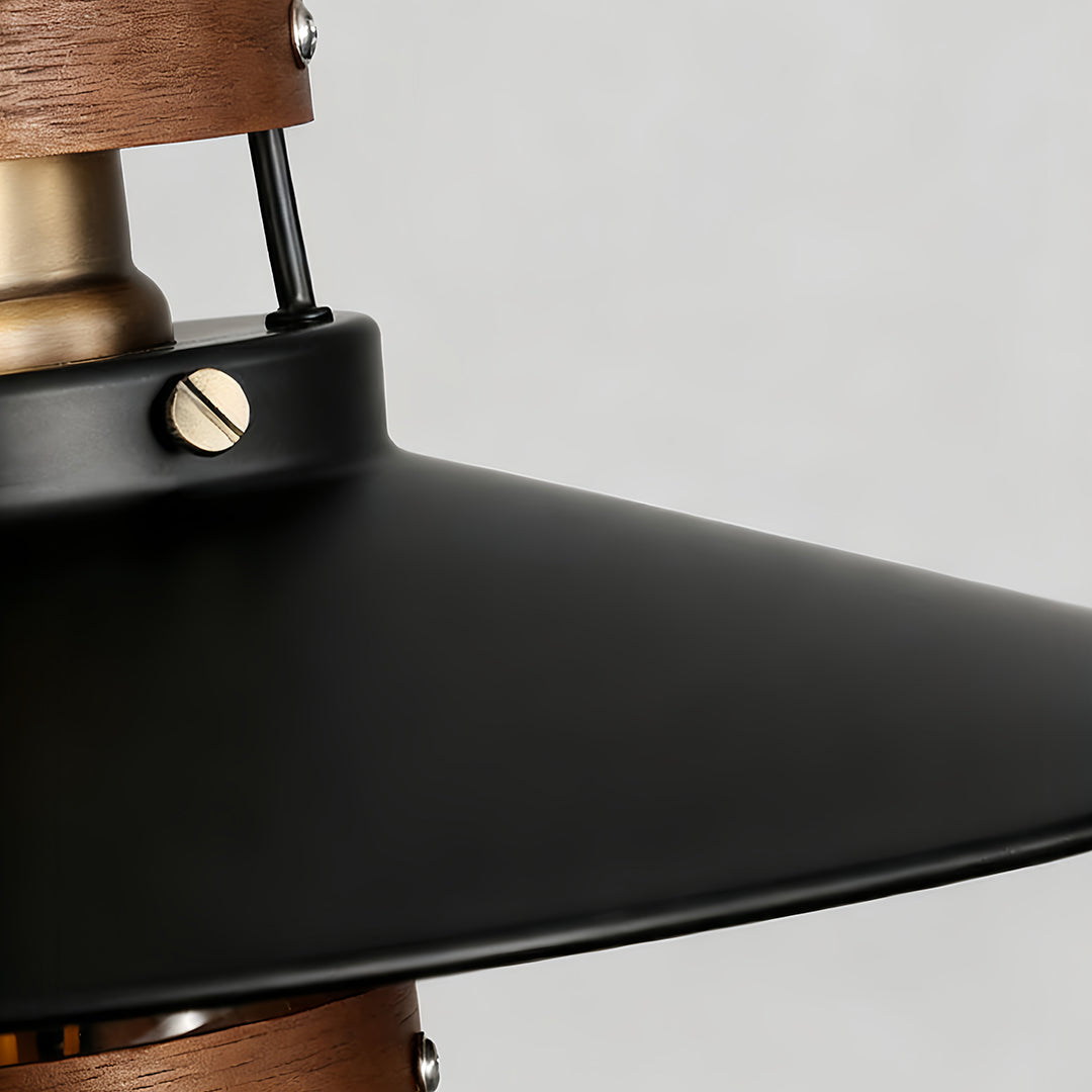 Industrial black metal shade and rustic wood ring on vintage hanging pendant lights fixture 