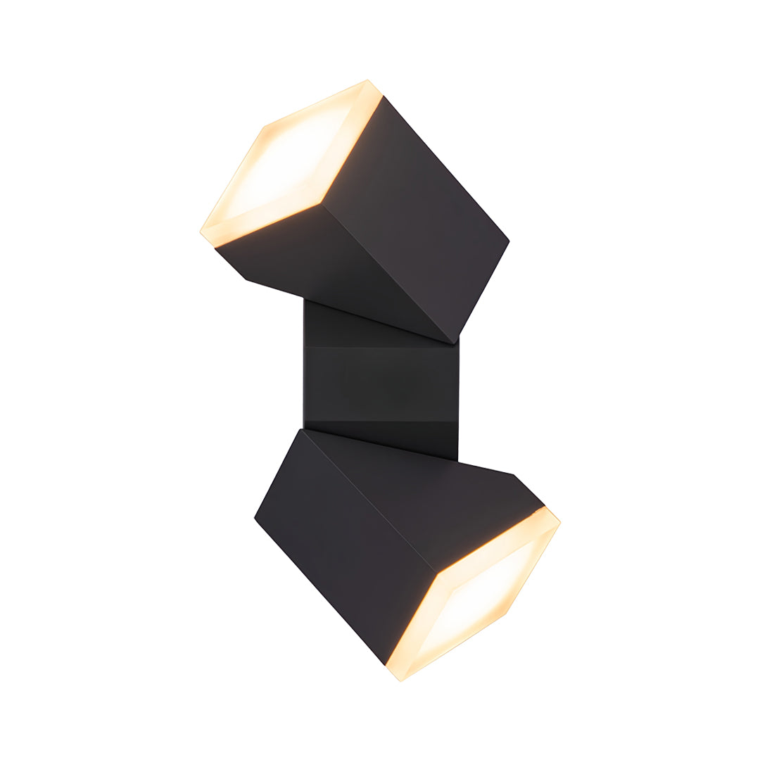 Black angular dual-sided exterior fixture projecting warm illumination upward and downward, inspired by industrial bollard lights.