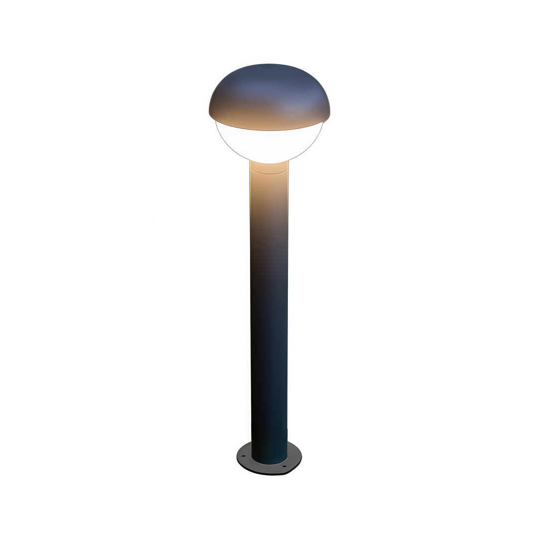Compact industrial bollard lights with a dome-shaped head and soft ambient lighting for landscaped garden areas.