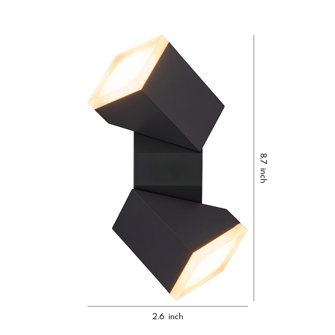 Modern black dual-head wall fixture emitting up and down warm light, styled to resemble industrial bollard lights for exterior use.