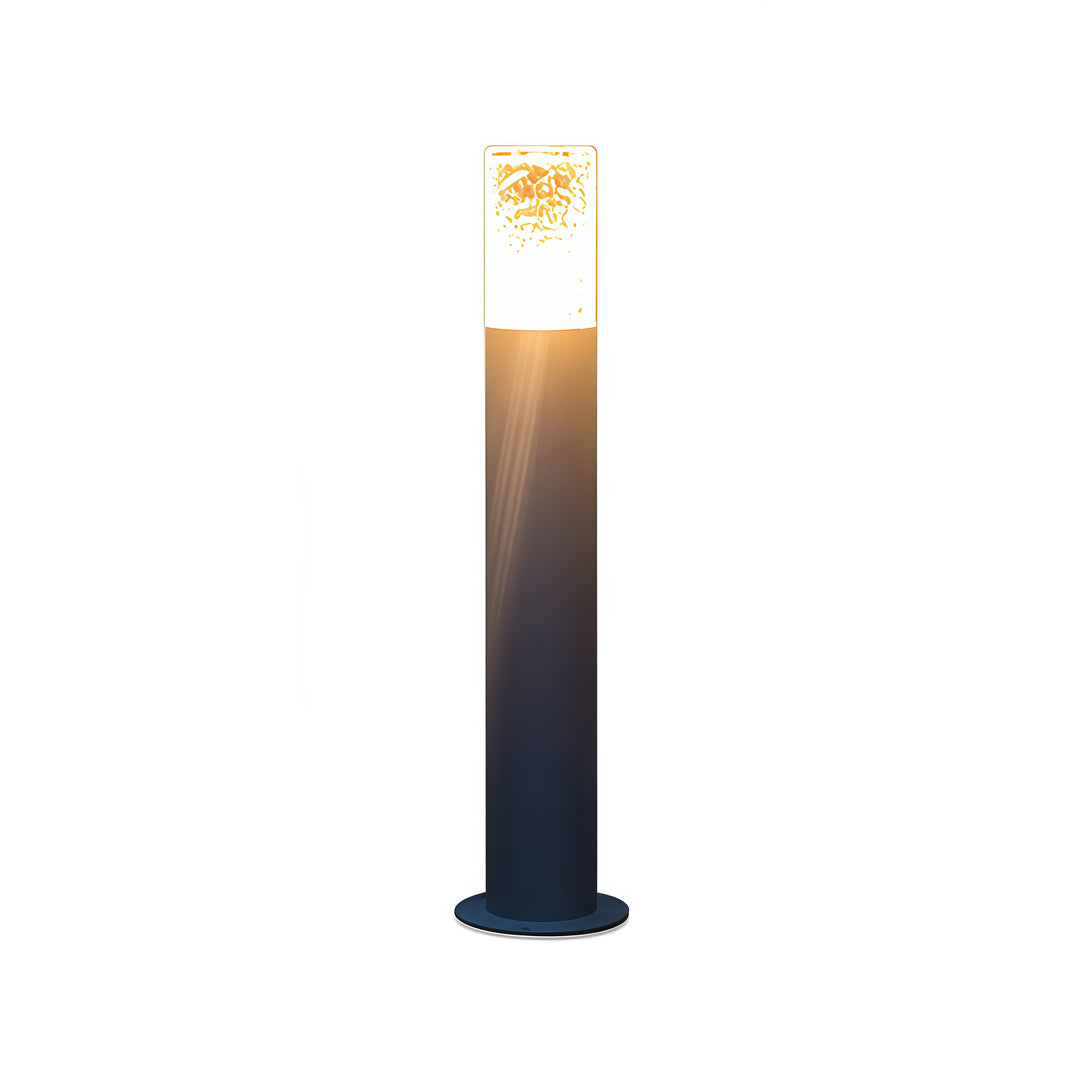 Industrial bollard lights with a minimalist black pole and warm LED glow, ideal for contemporary garden walkways.