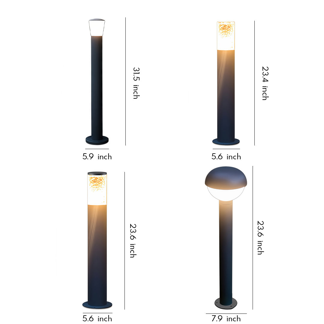 Tall industrial bollard lights in multiple height variations with a sleek modern black finish for outdoor pathways.