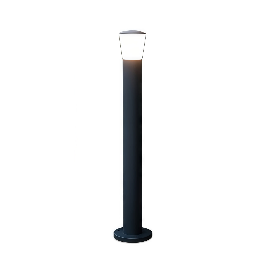 Slim industrial bollard lights featuring a cylindrical black body and warm top illumination suitable for modern landscapes.