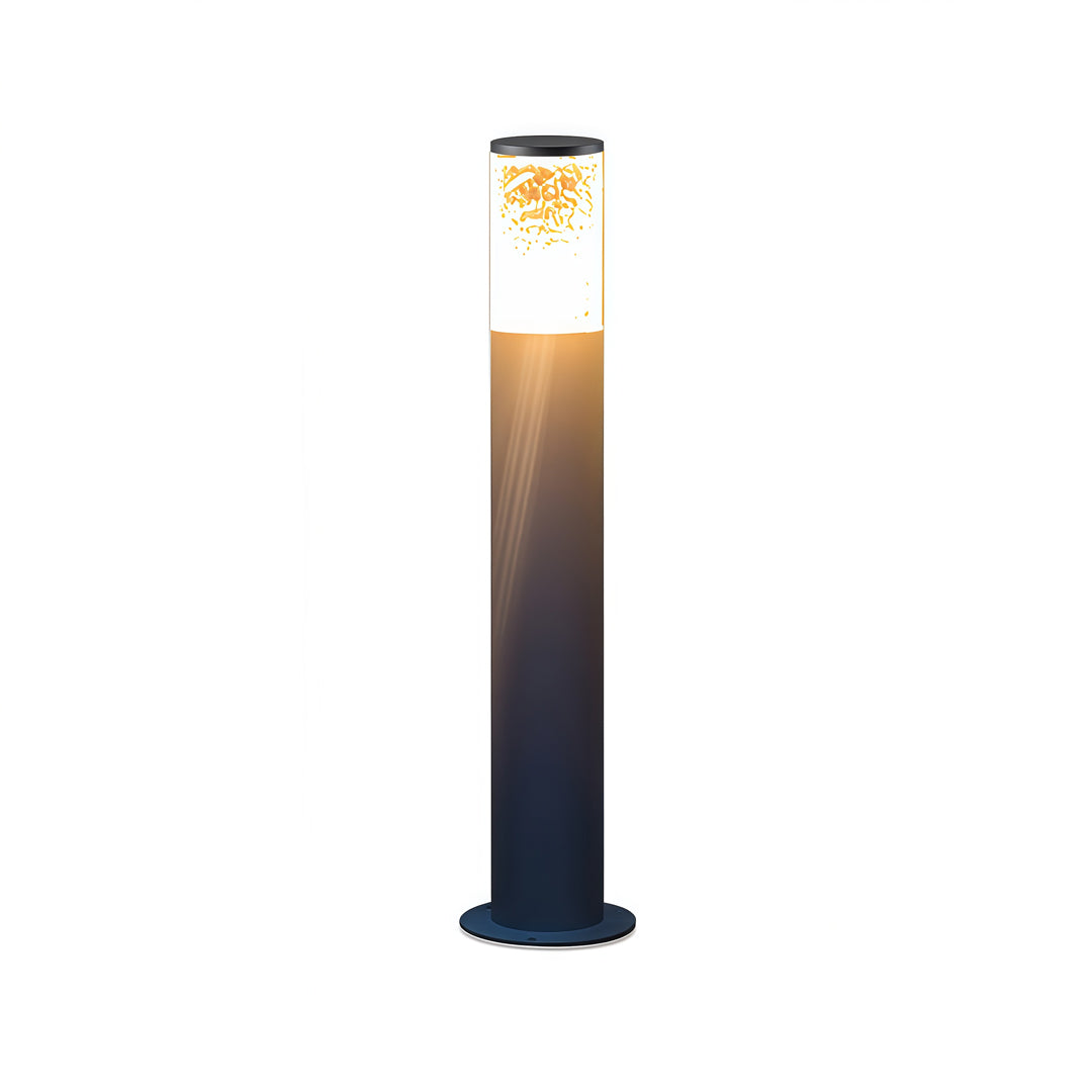 Modern industrial bollard lights emitting upward warm illumination, designed for sleek residential outdoor lighting.