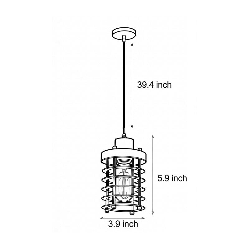 Industrial cage pendant light dimension drawing with size measurements.