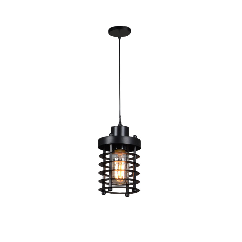 Single industrial cage pendant light isolated on a white background.
