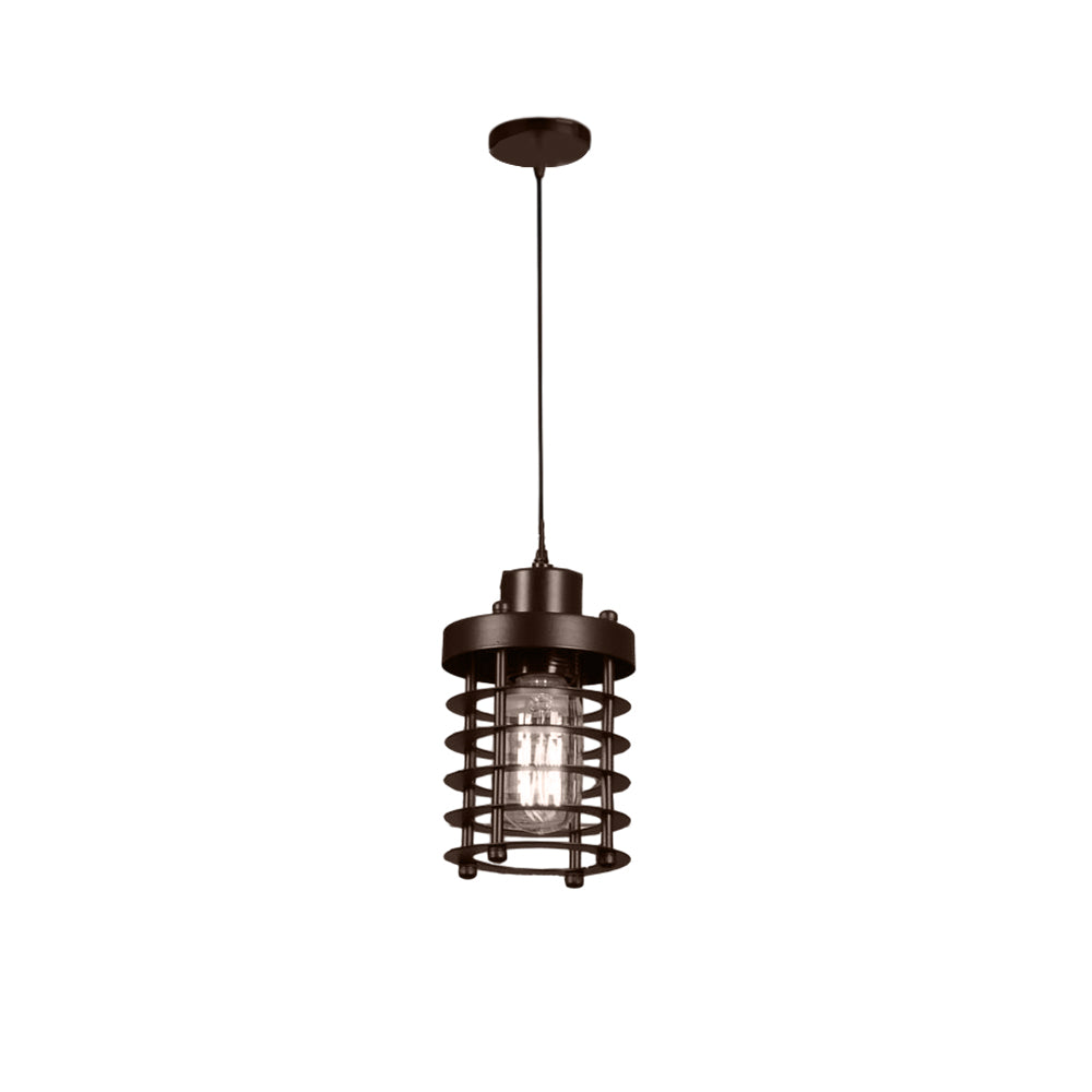 Industrial cage pendant light hanging alone with visible cord and ceiling mount.
