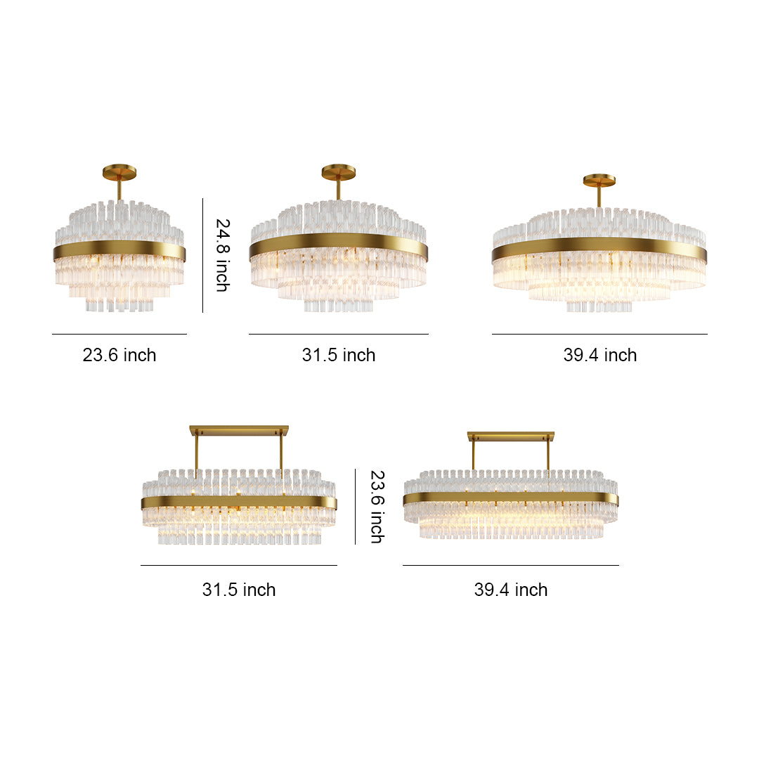Industrial modern chandelier size chart displaying multiple configurations with dimension specifications