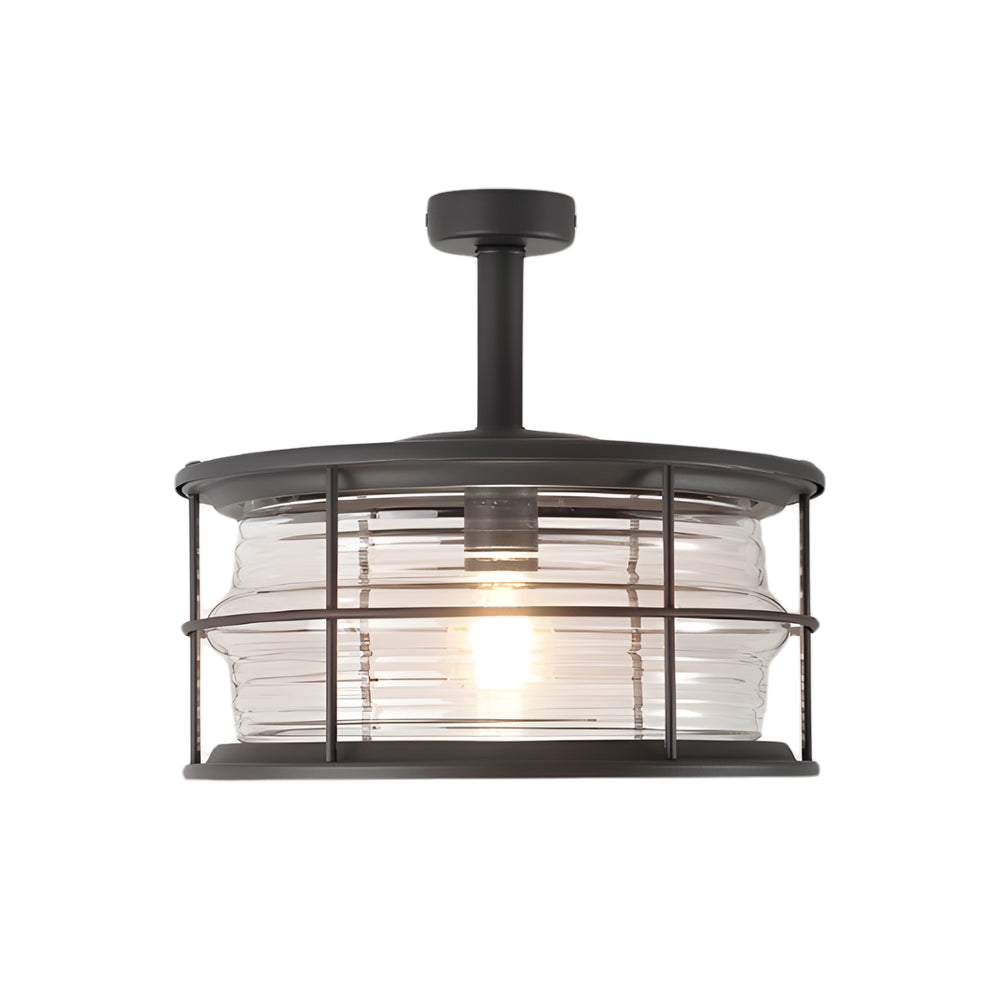 Industrial coastal semi flush mount ceiling light with metal cage design and warm Edison bulb for nautical-inspired interior lighting