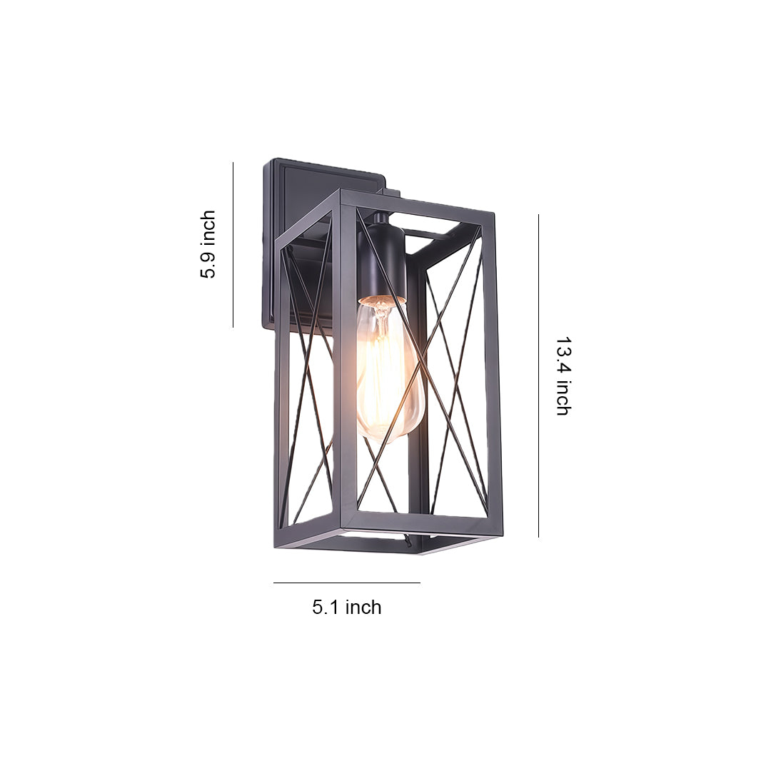 Industrial lantern wall light with a black metal frame and clear glass panels, showcasing a vintage Edison bulb.