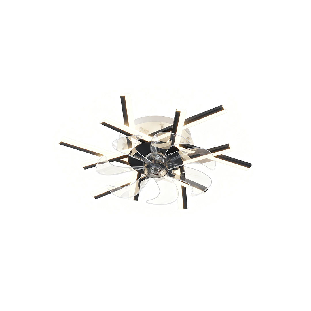 Industrial metal ceiling fan with light in matte black with angular spoke configuration