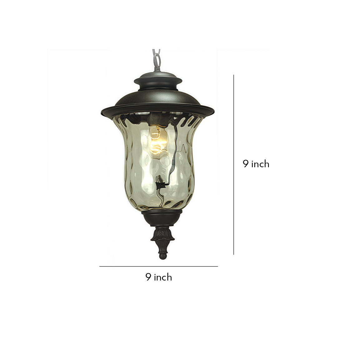 Industrial metal pendant light with water glass shade and decorative black finish, shown with height measurement