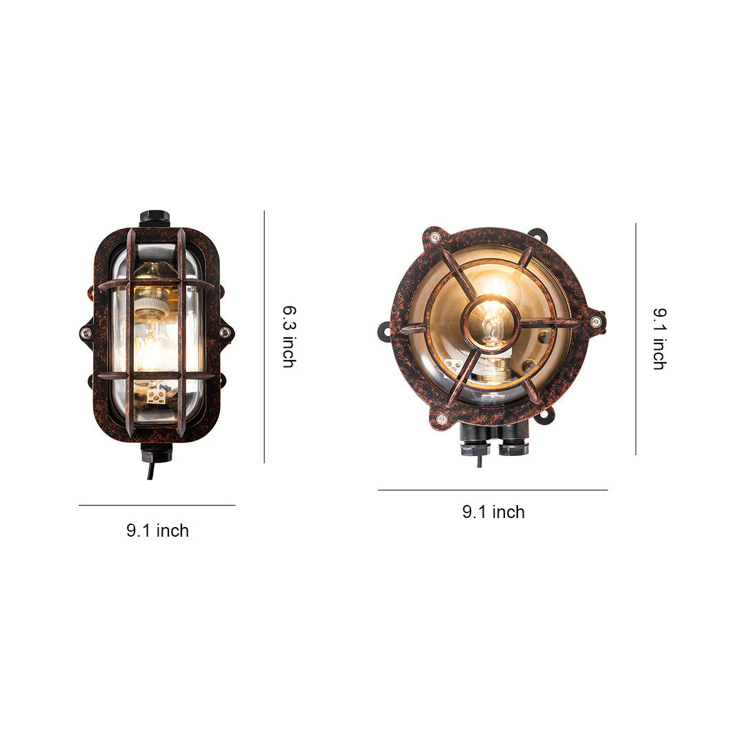 Two industrial outdoor sconce fixtures showing oval and round designs with caged glass and vintage metalwork