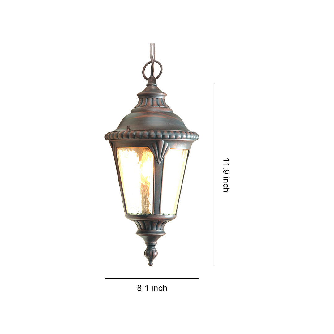 Industrial pendant light with aged bronze finish and clear glass panels, shown with height measurement