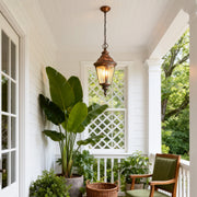 Industrial pendant light hanging in white covered porch with tropical plant and outdoor furniture