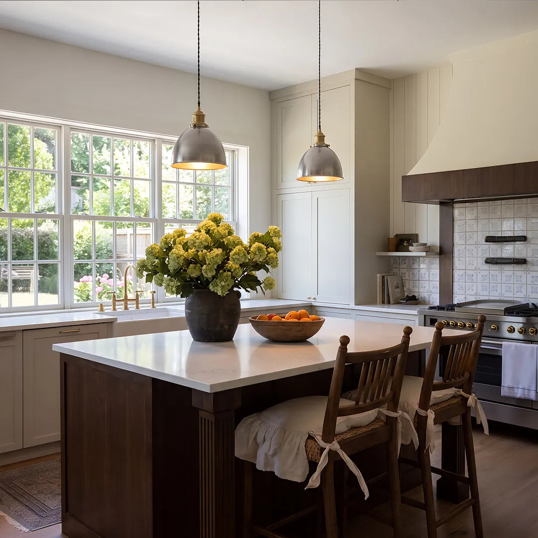 Industrial pendant lighting fixtures above a dark kitchen island beside large sunlit windows.