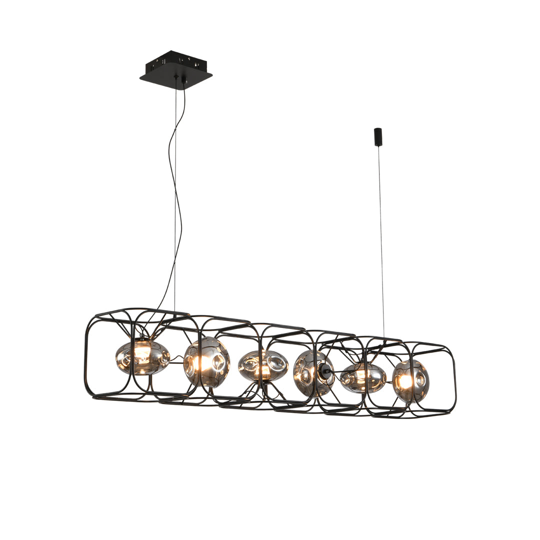 Industrial square cage chandelier with six-bulb configuration in sleek black metal wire construction