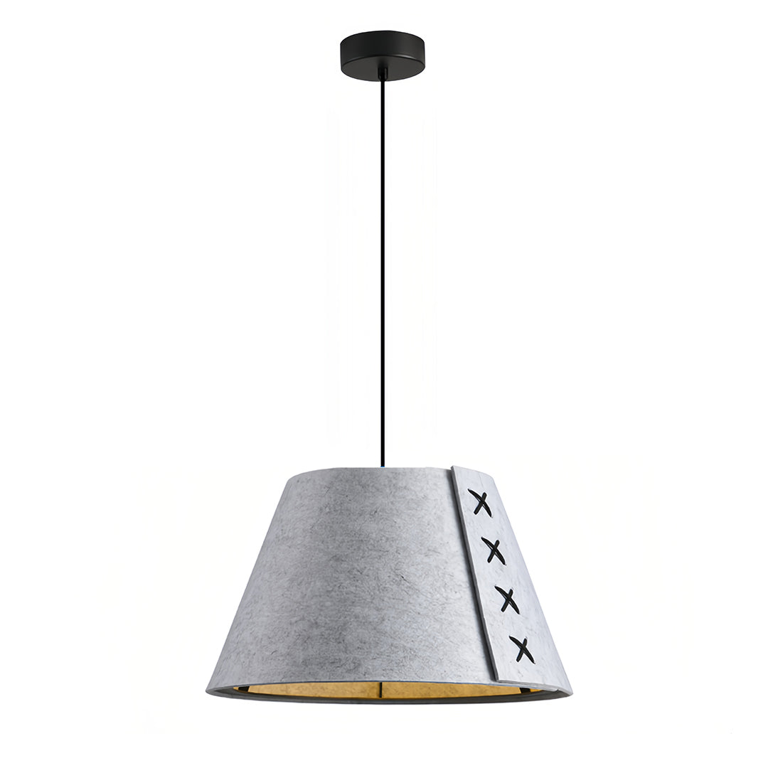 Simple studio image of an industrial-style grey felt hanging pendant light 