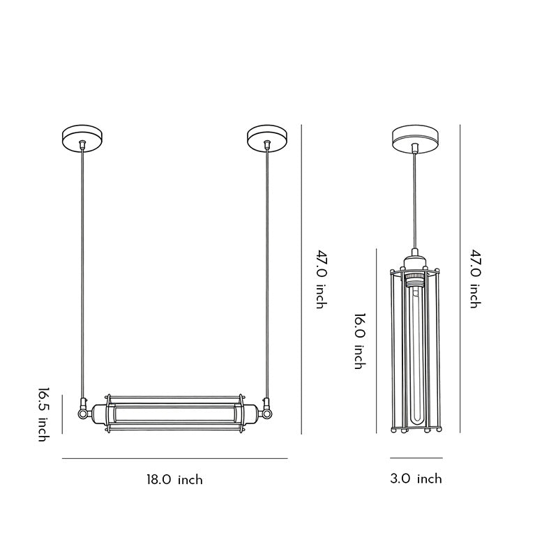 Industrial style pendant light fixtures dimension diagram highlighting vertical and horizontal hanging options with measurements.