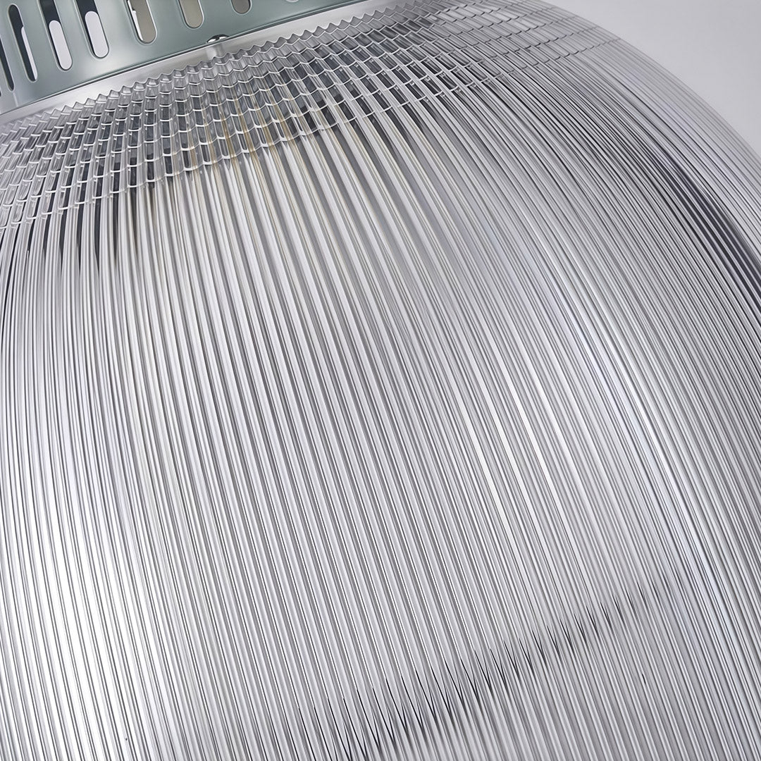 Detail view of industrial style pendant lighting ribbed glass shade showing textured pattern and clarity