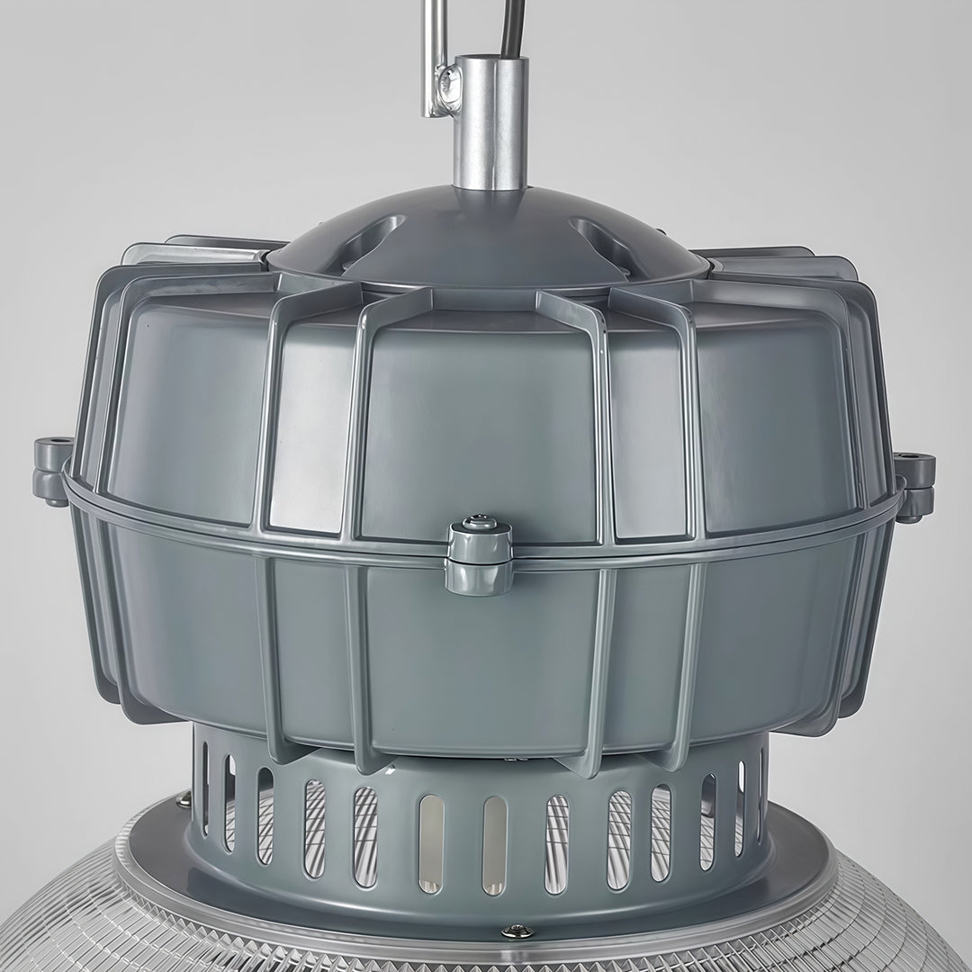 Industrial style pendant lighting metal cage hardware component displaying vintage-inspired construction design