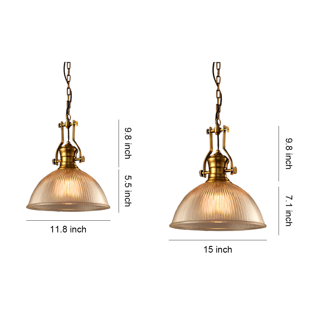 Industrial textured glass pendant light with ribbed dome shade and brass hardware for vintage-inspired kitchen lighting