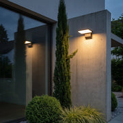 Industrial wall light mounted on a concrete exterior wall, casting warm light beside tall landscaping.