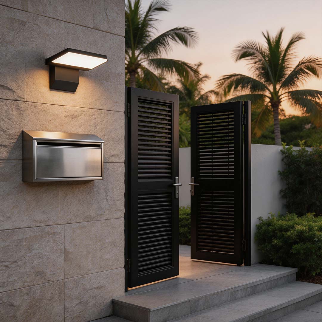 Industrial wall light with a sleek design, illuminating a modern house entrance at dusk.
