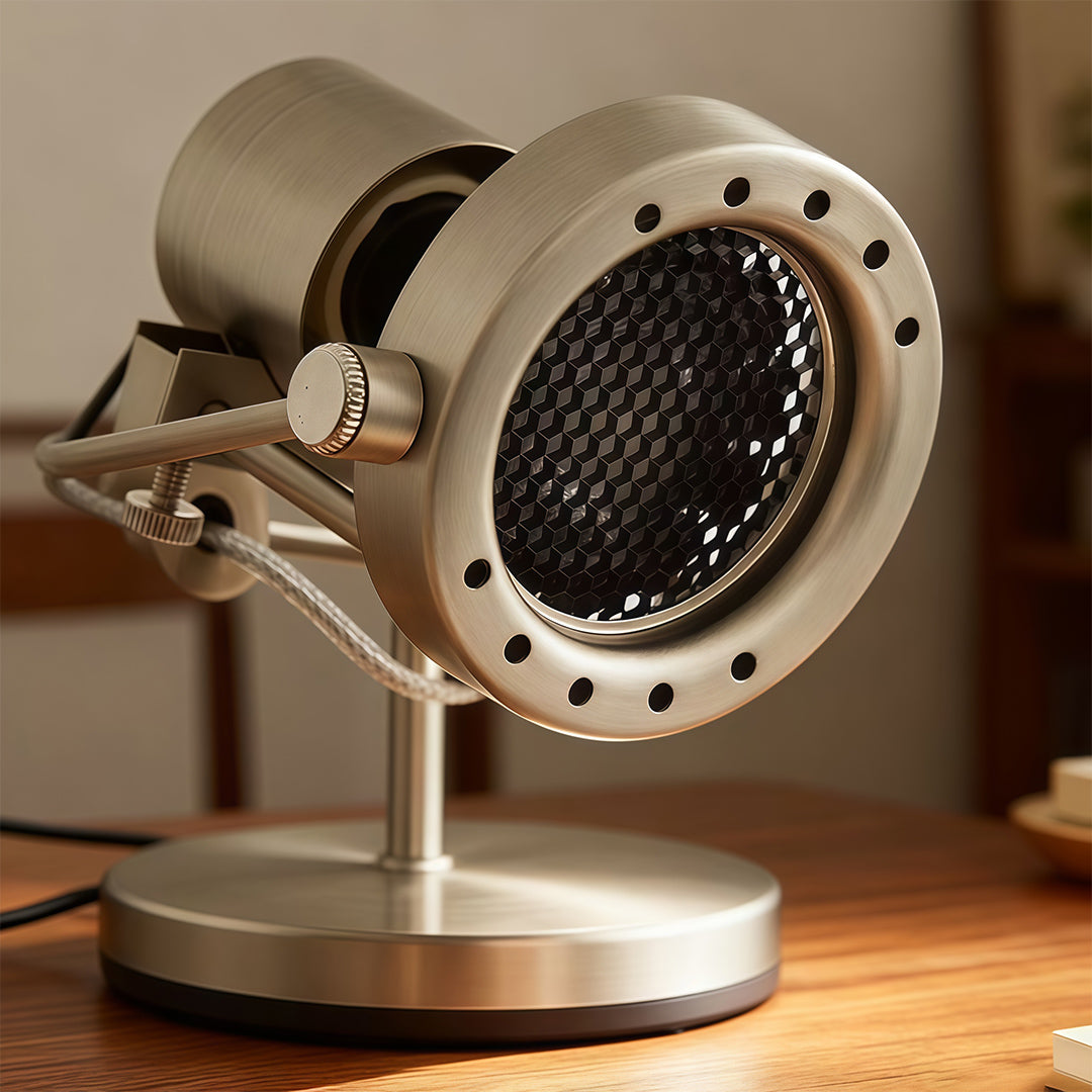 Close-up detail of industrial wall lights showing mesh screen and articulating brass hardware construction