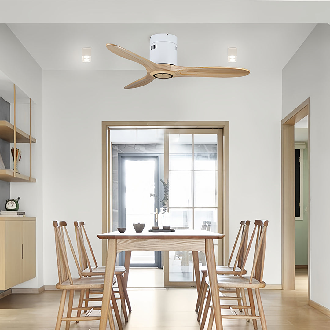 Industrial wooden ceiling fan with light combining wood blades with metal accents