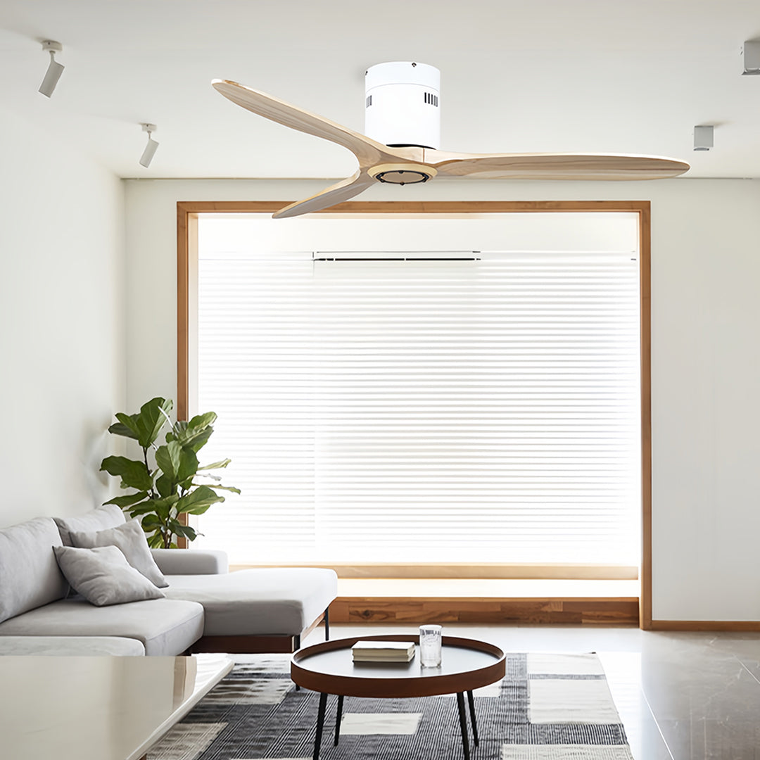 Industrial wooden ceiling fan with light combining wood blades with metal accents