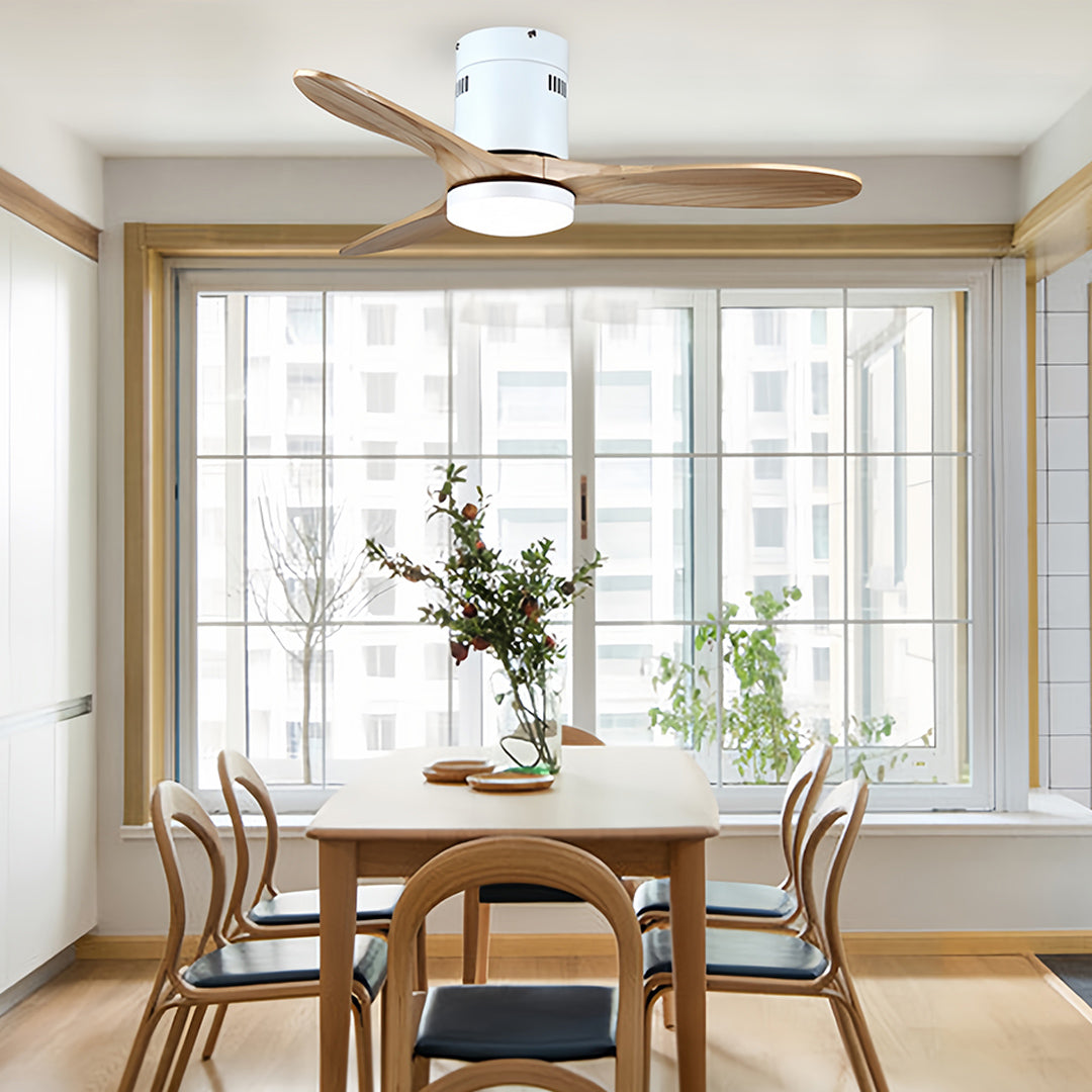 Industrial wooden ceiling fan with light combining wood blades with metal accents