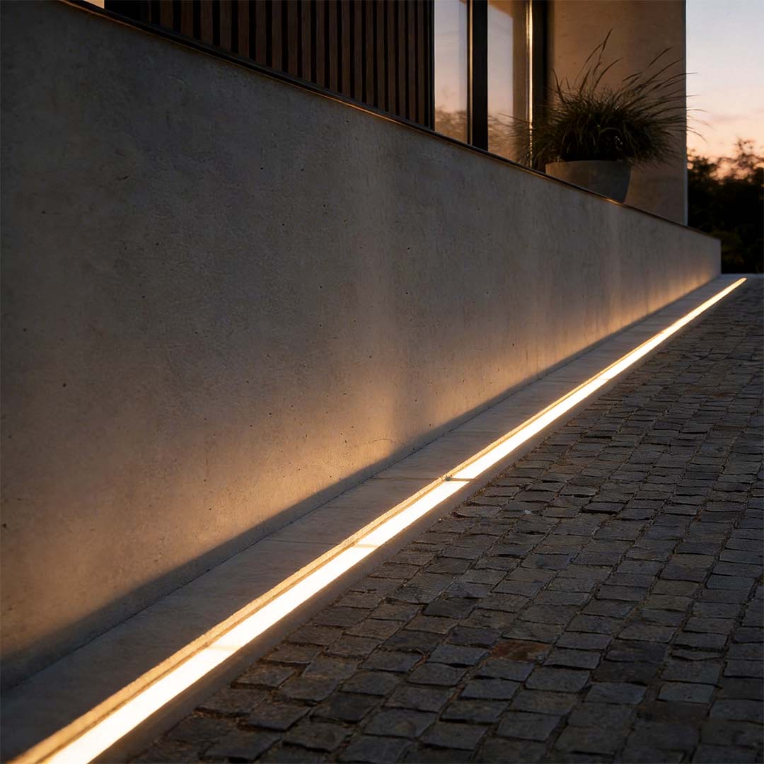 Inground linear lighting with a minimalist design, enhancing a concrete pathway.