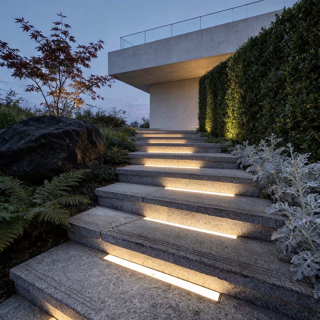 Inground linear lighting illuminating modern outdoor steps with a sleek, warm glow.