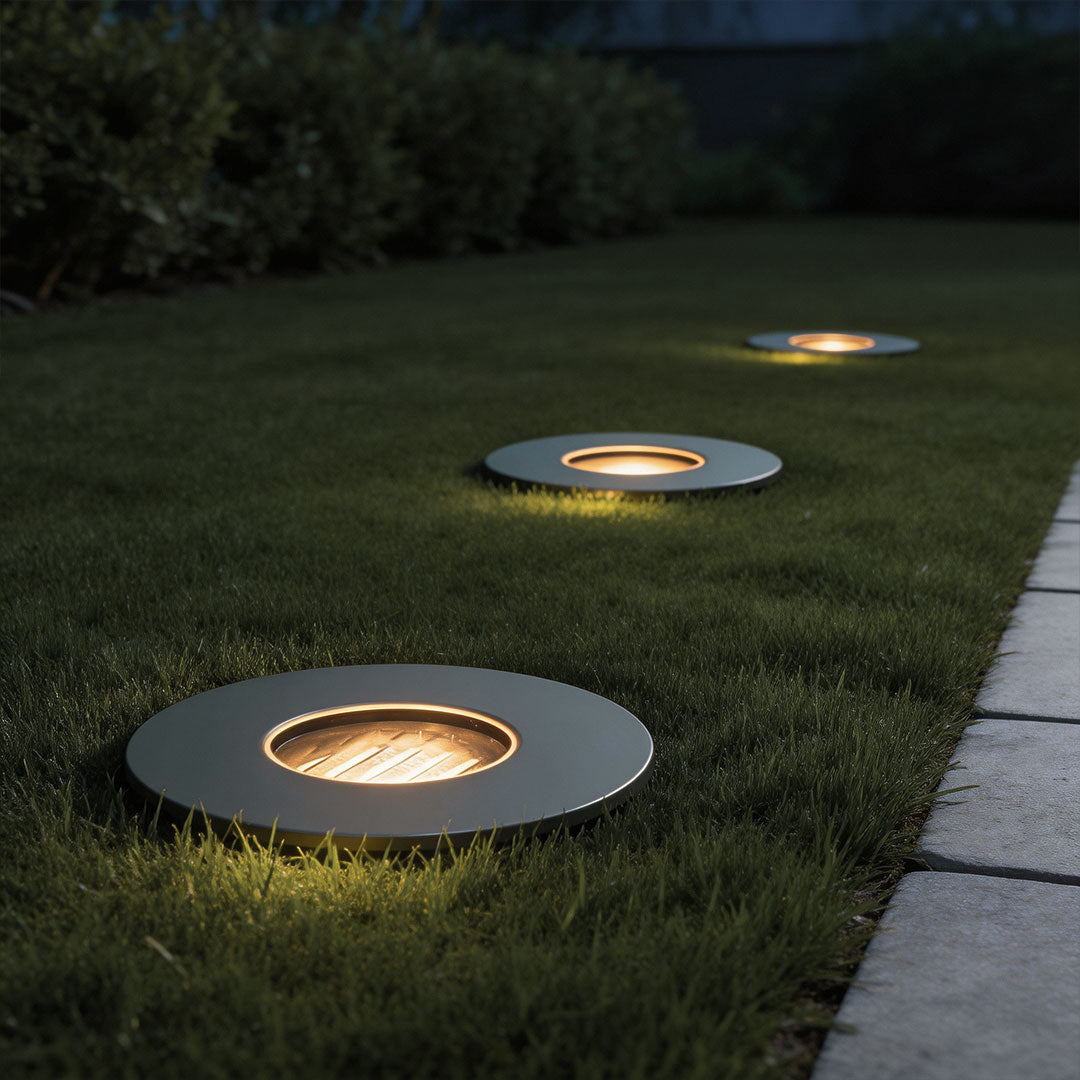 Anti-glare inground well lights illuminating a contemporary garden walkway