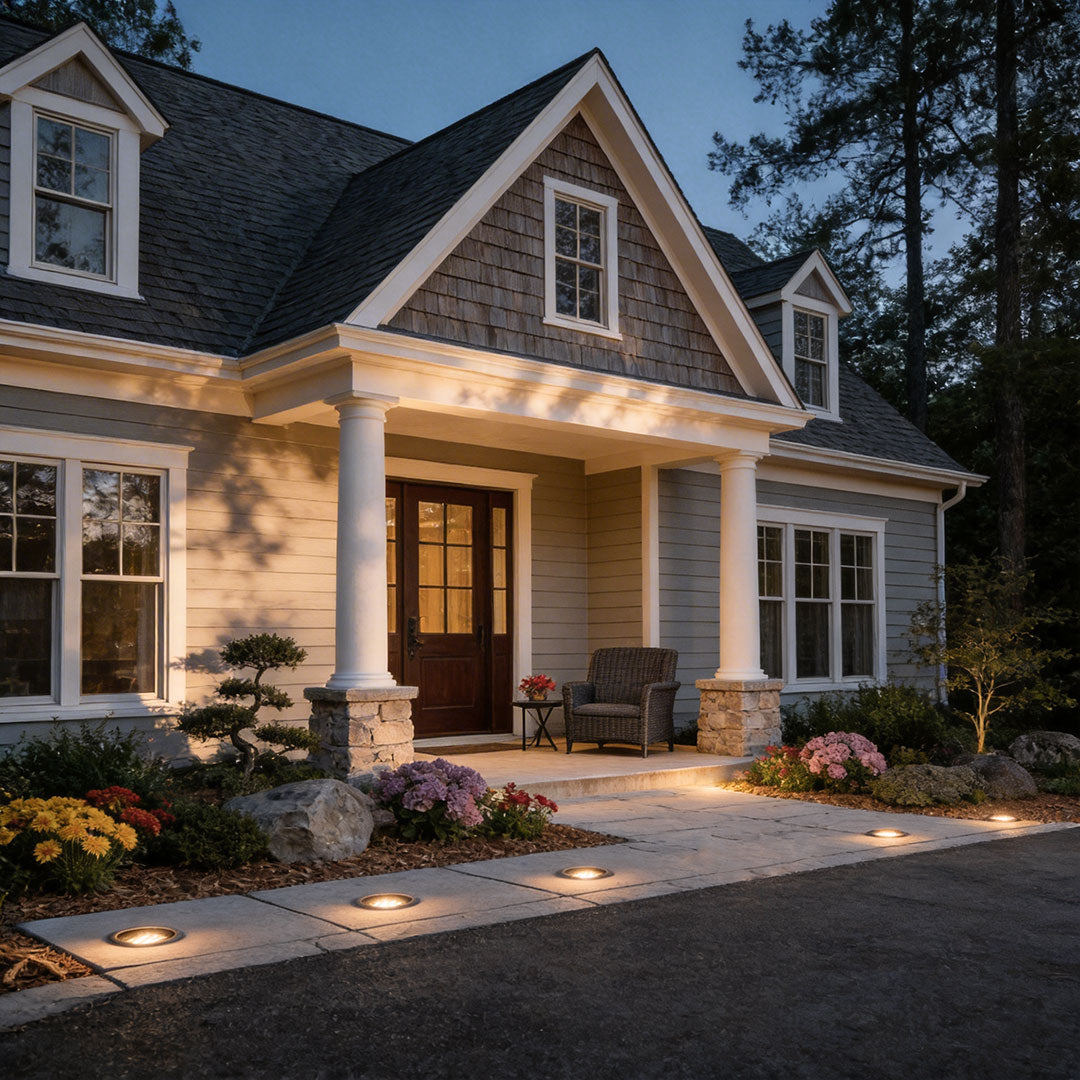 Inground well light with a modern design, providing soft illumination near a house entrance.