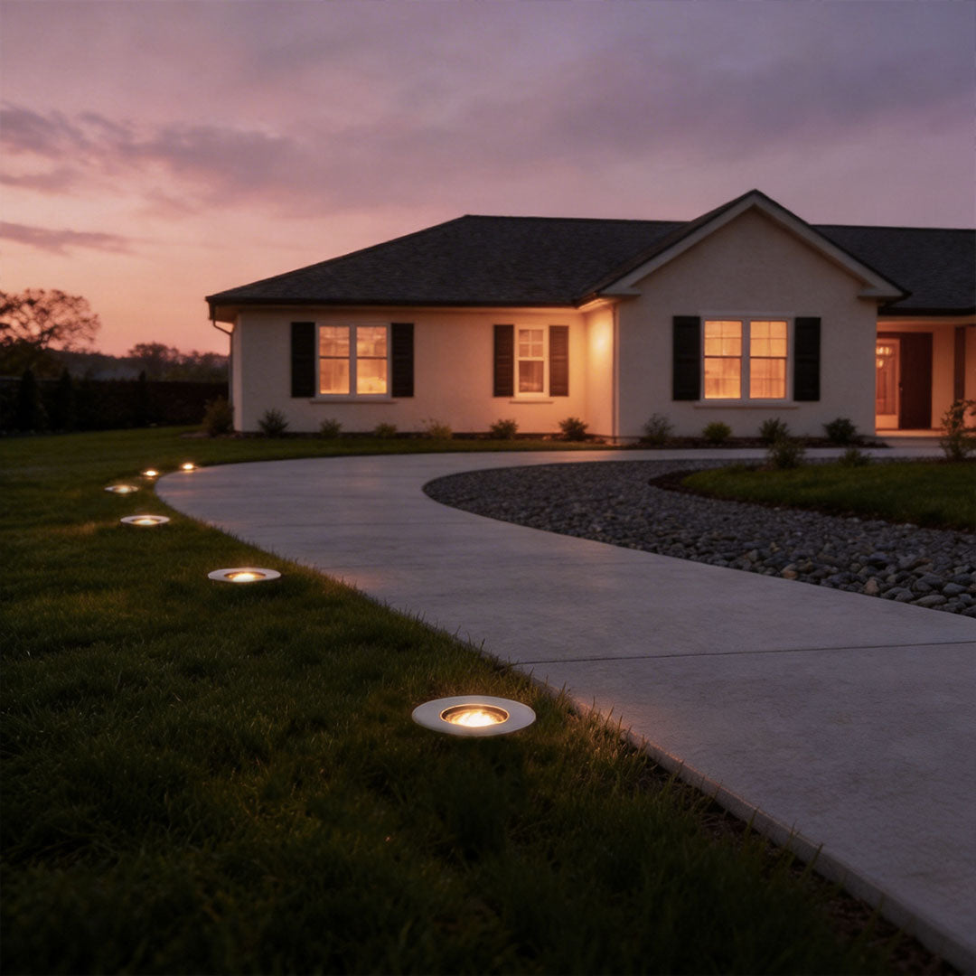 Inground well light with a warm glow, lighting up a driveway at dusk.