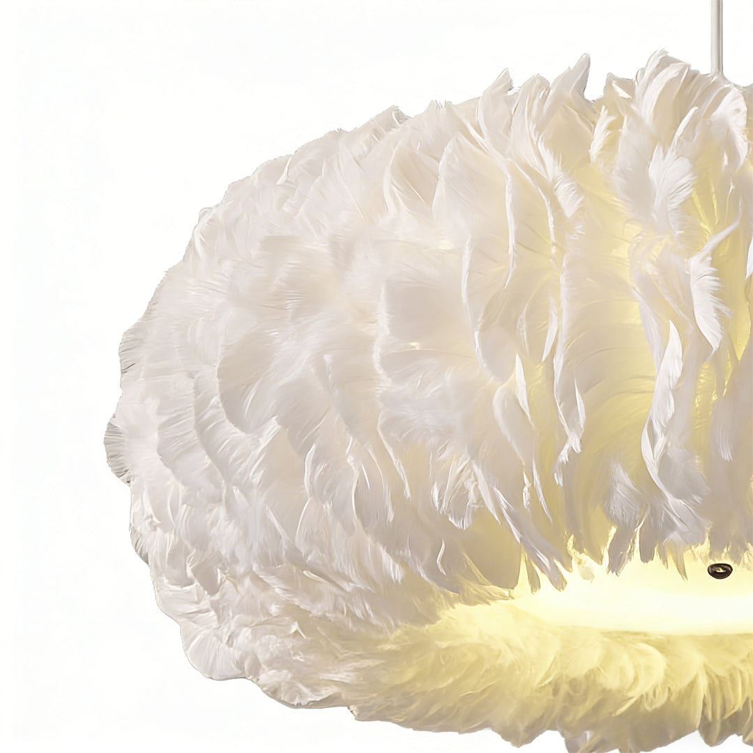 Bottom interior view of a fluffy hanging light revealing inner diffuser and feather lining.