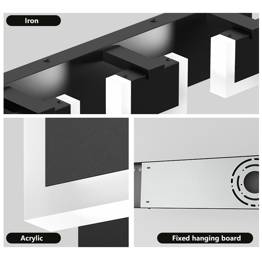 Professional installation guide for bathroom LED vanity lights with glass shade chandelier design showing mounting specifications.