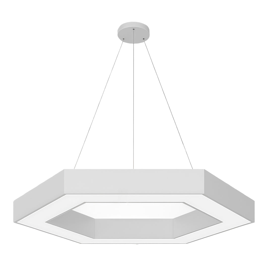 Close-up view of the installation components of a modern geometric chandelier, showcasing its clean design.